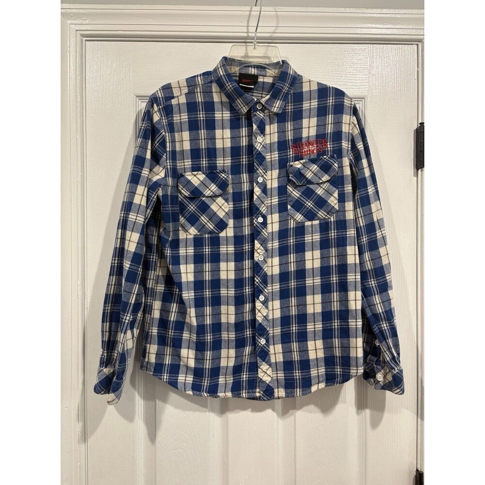 Stranger Things Netflix Flannel Shirt Mens M Blue Plaid Embroidered Logo